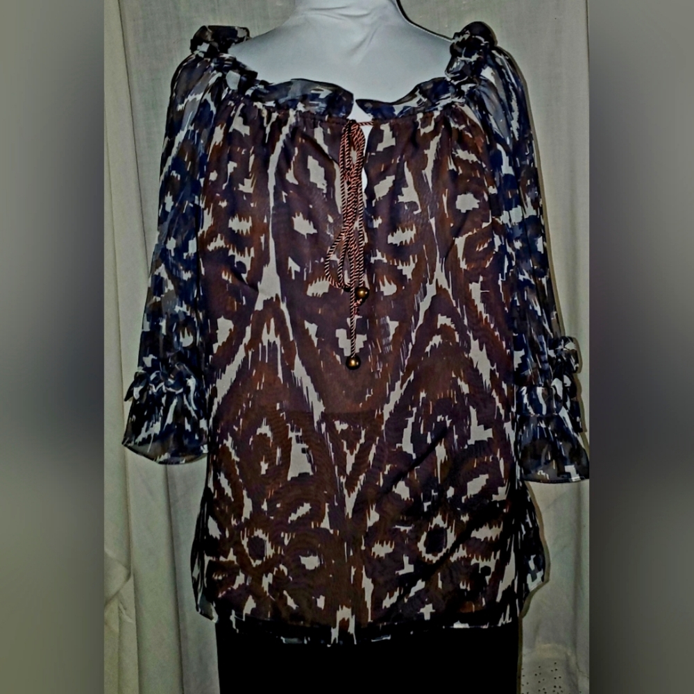 CYNTHIA STEFFE BOHO PEASANT BLOUSE WITH DRAWSTRING NECKLINE AND 3/4 SLEEVES SZ S